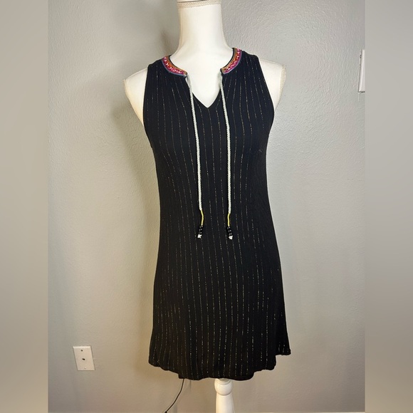 THML Black Sleeveless Shift Dress w Metallic Stripes Embroidered Collar Size S - Picture 2 of 7